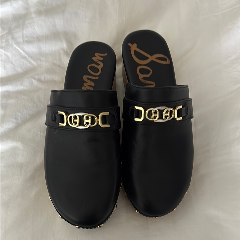 Sam Edelman Black and Gold Mules with Chain Detail